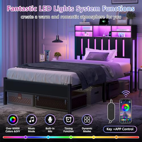 Twin Size Bed Frame with Charging Station and LED Lights, Twin Bed Frames with Storage Headboard, Black LED Bed Frame with Storage Shelves, Metal Platform with Under-Bed Storage, No Box Spring Needed CSZZD