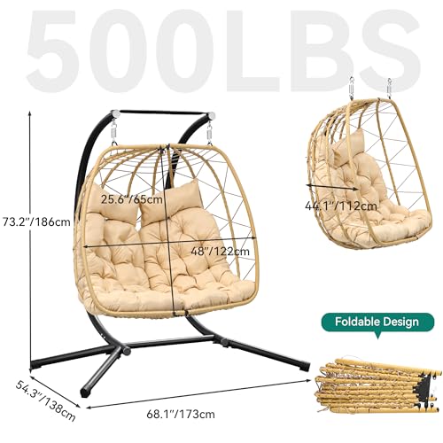 YITAHOME Patio Love Seats Chair with Stand Double Egg Chair, 2 Person Couple Wicker Rattan Chair Outdoor Egg Chair with Cushions 500lbs for Patio, Garden, Poolside and Balcony, Beige YITAHOME