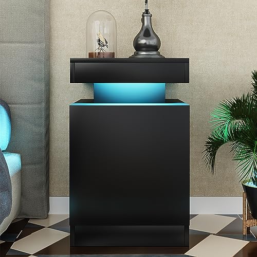 oneinmil Nightstand Set of 2 with LED Lights,Night Stand with Storage Cabinet for Bedroom,Bedside Table with LED, Black oneinmil
