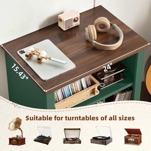 Joaxswe Record Player Stand with Vinyl Record Storage, 24" Wide Mid-Century Record Player Table Up to 200 Albums,Large Wood Turntable Stand Cabinet Dispaly Shelf for Living Room,Bedroom,Green Joaxswe