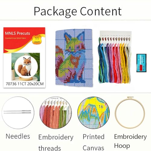 Zhenqing Fox Cross Stitch Kit for Beginners, 11CT Printed 20x20cm with 16cm Hoop, Cute Animal Embroidery Set(70736)