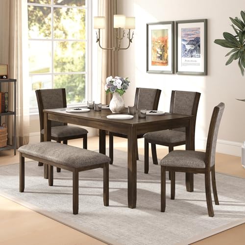 Zevemomo 6-Piece Solid Wood Dining Table Set, Including 1 Dining Table, 4 Upholstered Chairs and 1 Bench, Farmhouse Wooden Legs Dining Table Set for Living Room, Kitchen, Dark Walnut Zevemomo