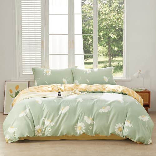 SAPHREAS Floral Daisy Duvet Cover Set Full Size 3pcs Sage Green White Flower Bedding Comforter Cover Set 100% Cotton 1 Duvet Cover 90"x80" 2 Pillow Shams, Comforter Not Included SAPHREAS