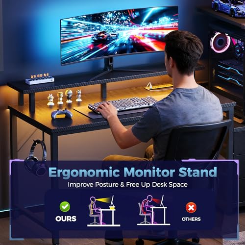 DUMOS L Shaped Gaming Desk with Shelves Storage Drawers 52'', Black Computer Desks with LED Lights Power Outlets, Office Wood Table with PC Stand Cable Management for Bedroom Dual Monitor Streaming DUMOS