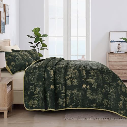 Drucon Black Farmhouse Quilt Set King Size, Toile Rustic Bedspreads, 3 Pieces Village Landscape Printed Coverlet, Soft Microfiber Quilt Bedding Set for All Season (106x90 Inch) Drucon