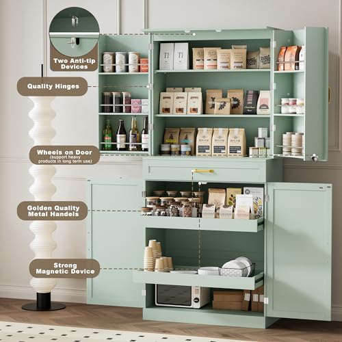 HQZX 71’’ Tall Kitchen Pantry Cabinet, Pantry Storage Cabinet with 6 Doors Shelves, Large Drawer & 2 Pull Out Shelves, Freestanding Cupboard for Kitchen, Dining Room, Green HQZX