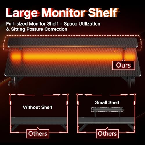 MOTPK 47 Inch Gaming Desk with LED Lights, Computer Desk Gaming Table with Monitor Shelf, Gamer Desk with Carbon Fiber Texture, Kids Boys Desk Gift for Men MOTPK