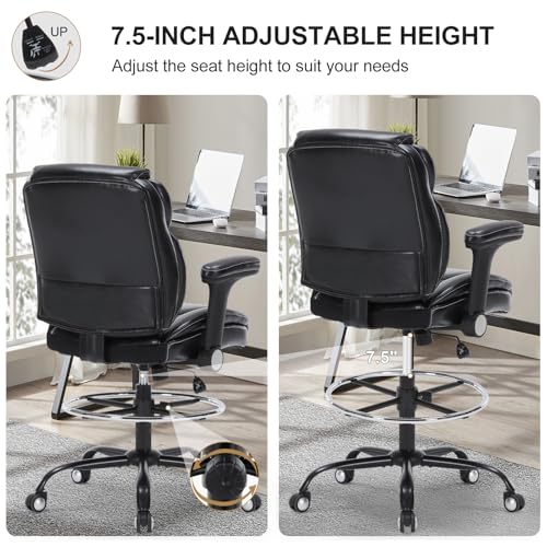 Drafting Chair, Ergonomic Tall Office Chair with Soft Adjustable Armrests and Foot Ring, Standing Desk Chair PU Leather High Office Chair for Counter Height Desk, Swivel Computer Stool, Black Generic