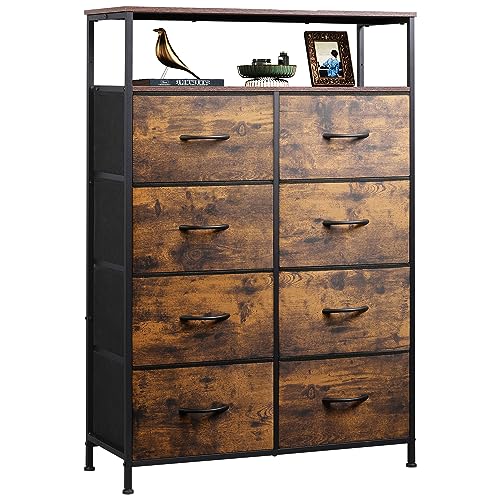 WLIVE Fabric Dresser for Bedroom with Open Shelves, Tall Dresser with 8 Drawers, Storage Tower with Fabric Bins, Chest of Drawers for Closet, Hallway, Rustic Brown Wood Grain Print WLIVE