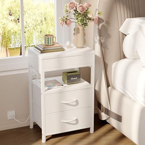 Nightstand Bedside Table Hidden Drawer - Night Stand with Charging Station and Sliding Top Storage, Bed Side Table with 2 Fabric Drawers, Modern Nightstand for Bedroom Dorm Living Room, White Lazzanto