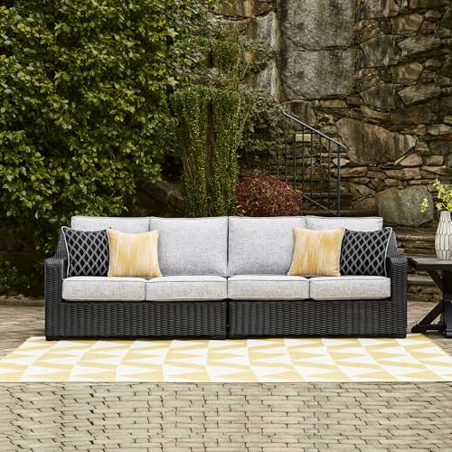 Signature Design by Ashley Beachcroft Casual Weather Resistant 2-Piece Outdoor/Indoor Loveseat with Cushion and 4 Toss Pillows, Black & Light Gray Signature Design by Ashley