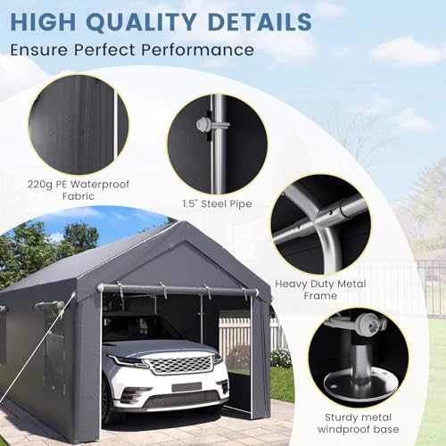 EROMMY Carport, 10' x 20' Heavy Duty Carport with Roll-up Windows,Portable Garage with Removable Sidewalls, Car Canopy with All-Season Tarp and Sandbags for Truck, Tractor, Boat, Gray EROMMY
