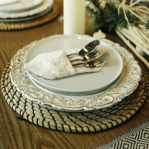 Umisriro Antique Charger Plates, 13 Inch White Dinner Plate Chargers Round Server Ware. Set of 6 Plastic Embossed Charger for Dinner, Party, Wedding, Elegant Tableware Decoration. (White) Umisriro