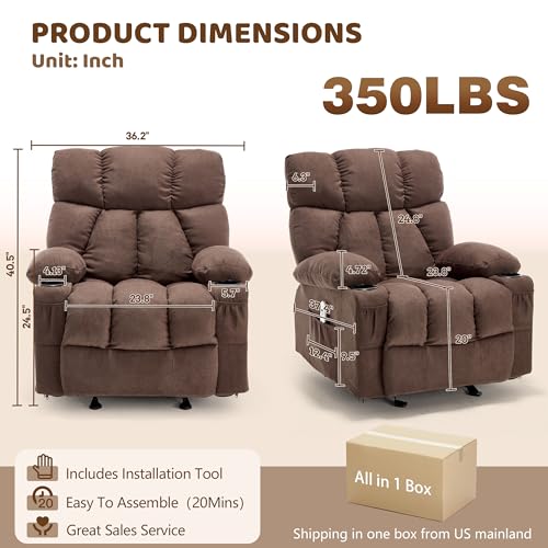 Massage Rocking Recliner Chair, Ergonomic Recliners Sofa with Vibration Massage & Heat, Rocking Chair Nursery Chair for Living Room Lounge with 4 Pockets, 2 Cup Holders, Brown