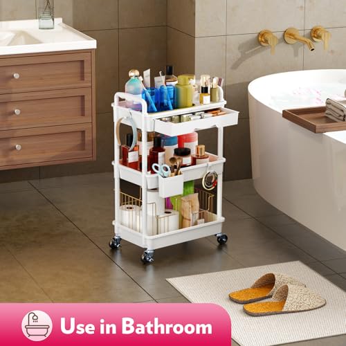 SUNALLY Makeup Cart Organizer with Drawers, Floor Skincare Organizers Vanity Storage Organizer, Rolling Makeup Bathroom Storage Cart Cosmetics Display Cases for Skin Care Perfume Nail Polish, White