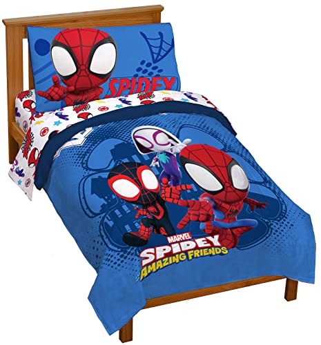 Jay Franco Marvel Spidey and His Amazing Friends Team Spidey 4 Piece Toddler Size Bed Set – Super Soft Microfiber - Includes Comforter & Sheet Set Bedding (Official Marvel Product) Jay Franco