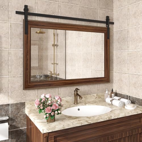 ROOMTEC Farmhouse Bathroom Mirror 51×35 inch Barn Door Mirror Rustic Wall Mirror Wood Frame Mirror for Bathroom, Entryway ROOMTEC