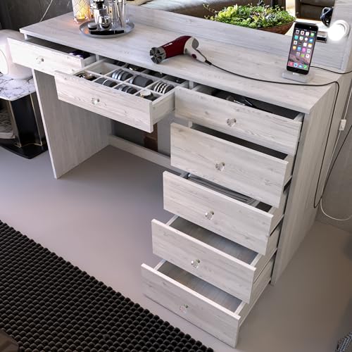 Boahaus Isolde Large Greige Makeup Vanity Desk with Lights, 7 Drawers, USB and Power Outlet, Large Top, Vanity Mirror with Lights Built-in, Farmhouse, Crystal Knobs, 58.2'' H x 47.2'' W x 17.7'' D Boahaus