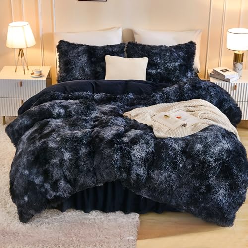 Andency Faux Fur Tie-Dyed Black Blue Comforter Set Full Size, 3 Pieces Fluffy Fuzzy Plush Bedding Comforter Set (1 Shaggy Velvet Comforter & 2 Pillowcases), Soft Puffy Down Comforter Bedding Set Andency