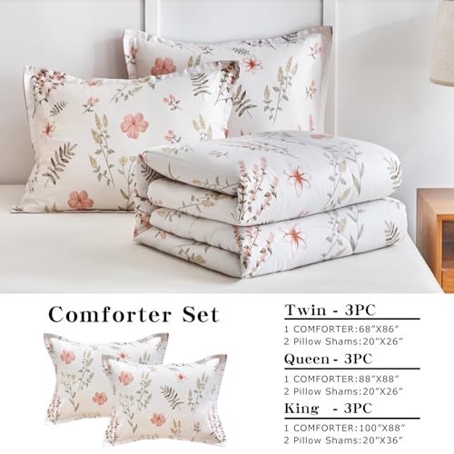 Joyreap 3pcs Floral Cotton Comforter Set for Girls, Pink Flowers n Leaves Botanical Design, Queen Size Soft n Cozy Bedding Comforter Set for All Season- 88x88 inches Joyreap