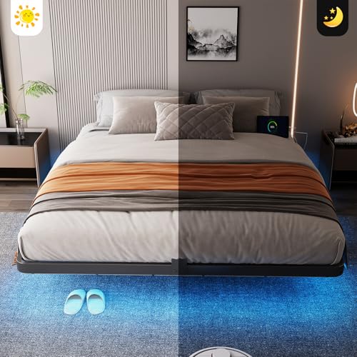 FviMzailon Full Size Floating Bed Frame - Metal Platform Bed with Smart LED Lights & Charging Station, No Box Spring Needed FviMzailon