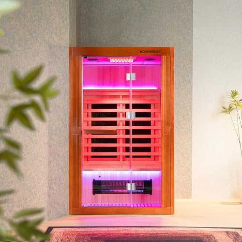 Woodbridge Infrared Home Sauna Room 2 Person Japanese Cedar Indoor Sauna with 7 Carbon Heaters, Red Light Therapy, Bluetooth Speaker, Intelligent Control Panel, Tempered Glass & Top Vent WOODBRIDGE