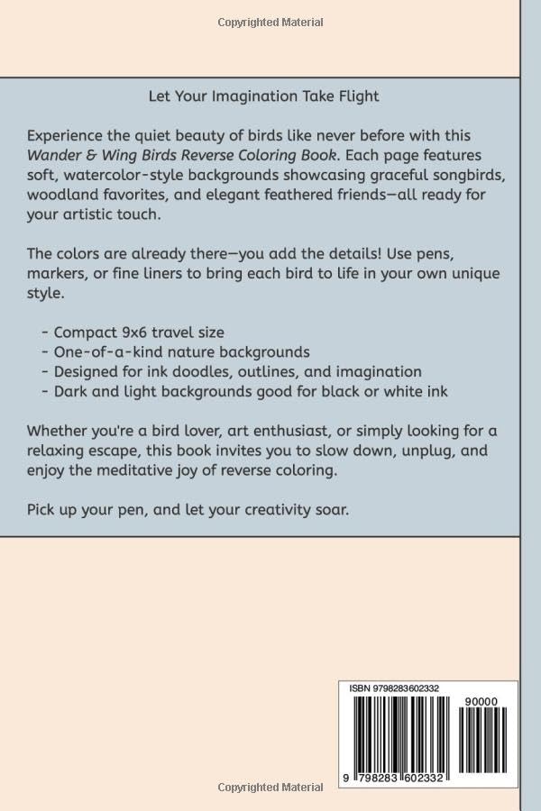 Wander & Wing Birds Reverse Coloring Book: Coloring for Relaxation featuring themed art of Songbirds, Garden Birds, Exotic Birds, and More | 6x9 ... Vacation Travel, Relaxing and Creativity Majosta