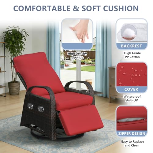 ATR ART TO REAL Outdoor Swivel Chair, Wicker Outdoor Recliner for Patio Dual-Adjust Reclining Lounge Chair with Removable Soft Cushion, for Patio, Porch, Poolside, Balcony, Lawn (Red)