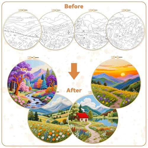BEUNITONE 4 Pack Beginner Embroidery Kit for Adults, Fairy Tale Nature Landscape Pre-Stamped Pattern Needlepoint Kits with Hoop, Tools & Instruction, Hand Embroidery Kits for Fabric and Home Decor
