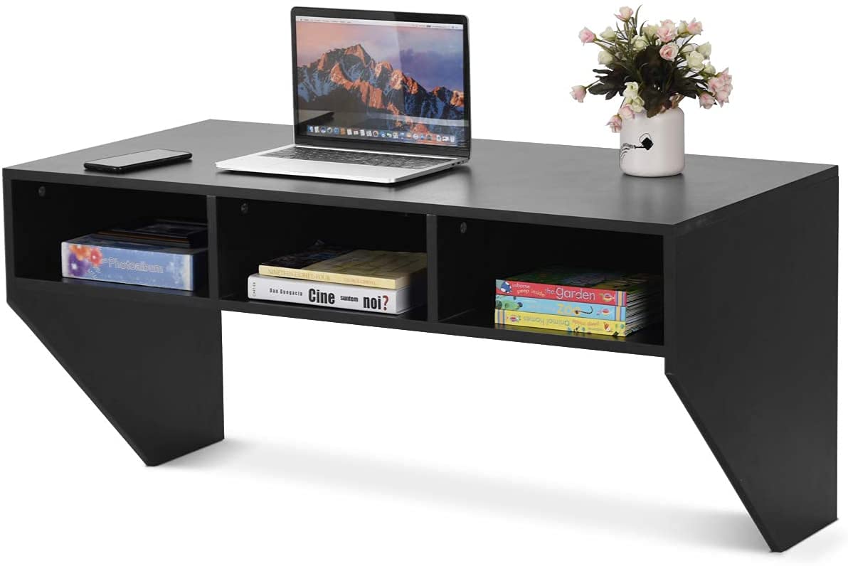 Giantex Wall Mounted Desk Floating Computer Desk, Writing Study Table W/3 Storage Shelves, Laptop PC Table for Living Room, Bedroom, Office (Black) Giantex