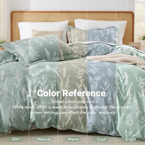 MUXHOMO Duvet Cover Full Size, Reversible Floral Green Duvet Cover Set with Zipper Closure, 3 Pieces Botanical Patterns Soft Microfiber Bedding Set with 4 Ties (80"x90", 2 Pillow Cases) MUXHOMO