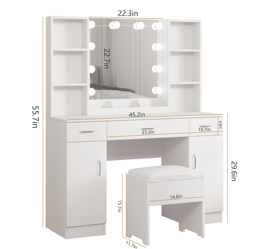 Vabches Makeup Vanity Desk with Lights, 3 Lighting Colors, White Vanity Set Makeup Table, Large Vanity with 3 Drawers, 2 Cabinets and Multiple Shelves, 45.2in Vabches