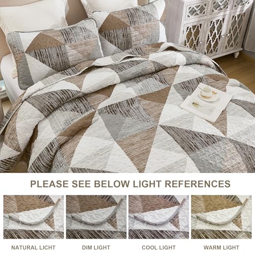 Dintszyayue Quilt Queen Size Brown, 3 Pieces Patchwork Bedspread Bedding for Queen Size Bed, Soft Lightweight Microfiber Geometric Coverlet Set for All Season Quilt with 2 Pillowcases Dintszyayue