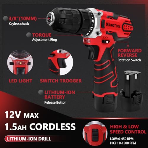 KingTool 276-Piece Tool Set Kit - Tool kit with 12V Cordless Power Drill Driver Toolbox Storage Case with Drawer, Drill Set Perfect for Homeowner, Diyer, Handyman KingTool