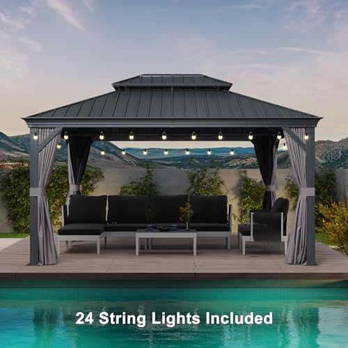 PURPLE LEAF 11' X 14' Hardtop Gazebo with Light Galvanized Steel Double Roof Outdoor Gazebo for Patio Lawn and Garden Curtains and Netting Included Grey PURPLE LEAF