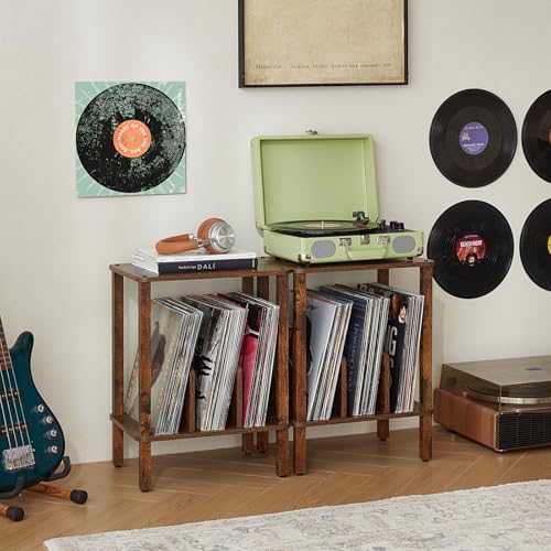 LELELINKY 2-Tier Record Player Stand with Vinyl Record Storage up to 100 Albums, Bedroom Record Holder and Multi-Functional End Table for Living Room, Brown LELELINKY