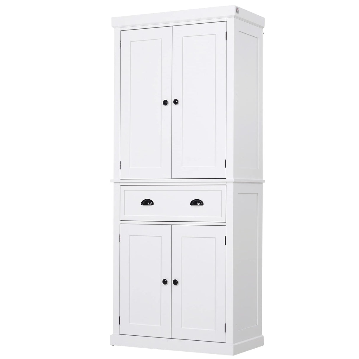 HOMCOM 72.5" Kitchen Pantry Cabinet, Traditional Freestanding Storage Cabinet with 4 Doors, Drawer and 3 Adjustable Shelves for Dining Room, White HOMCOM