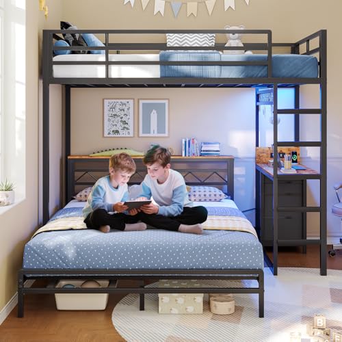 DICTAC Twin Over Full Bunk Bed with Desk,Led Lights and 4 Drawers,Metal Bunk Beds with Storage Headboard and Charging Station,L-Shaped bunk Bed for Kids/Teen with Safety Guardrail and Ladder,Black DICTAC