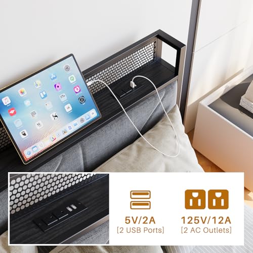 HOMERECOMMEND Full Size Bed Frame with LED Lights and Headboard Storage and Charging Station,Full Floating Bed Frame with Heavy Duty Metal Slats,Easy Assembly, Black and Gray HOMERECOMMEND