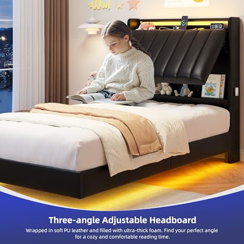 Twin Size Floating Bed Frame with Ergonomic Hidden Storage Headboard and LED Light,Visual Floating Bed Frame with Charing Station,Leather Upholstered Platform Bed for Kids/Boys/Girls,Heavy Duty,Black Jocoevol