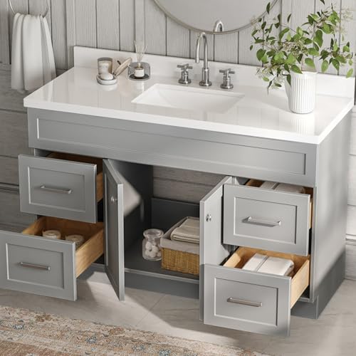 ARIEL 55" Grey Bathroom Vanity 1.5" Edge Pure White Quartz Countertop & Splash, Rectangular Sink, 2 Soft Closing Doors, 4 Full Extension Dovetail Drawers, Built in Toe Kick ARIEL