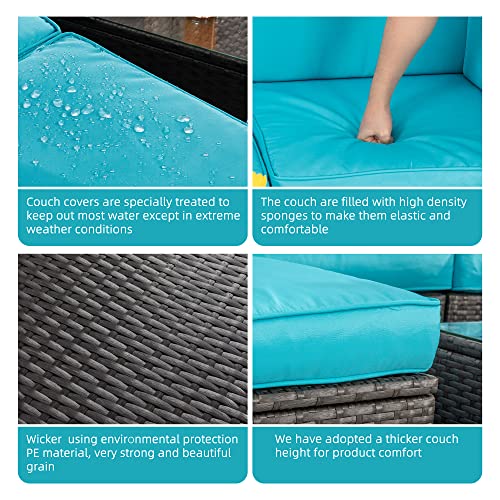 Shintenchi 7 Pieces Patio Furniture Sets Outdoor All-Weather Sectional Patio Sofa Set PE Rattan Manual Weaving Wicker Patio Conversation Set with Glass Table&Ottoman Cushion and Red Pillows, Blue Shintenchi