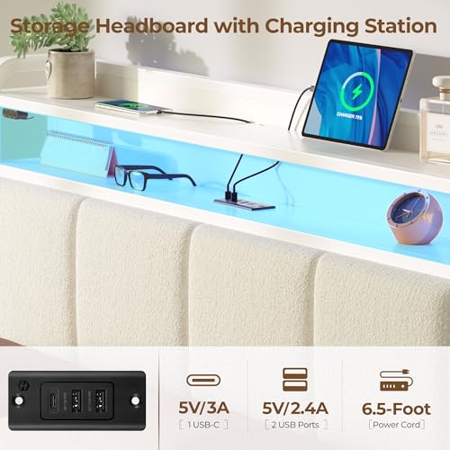Rolanstar Bed Frame Full Size with Charging Station and LED Lights, Upholstered Headboard with Storage Shelves, Heavy Duty Metal Slats, No Box Spring Need, Noise Free, Easy Assembly, White Rolanstar