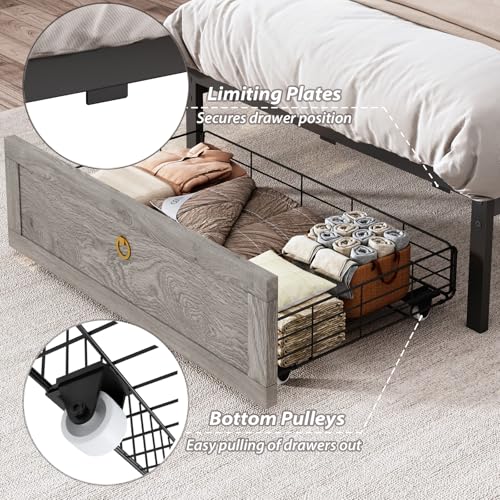 TIGUBFRE Twin Bed Frame with Storage Headboard, Farmhouse Wood Bed Frame Twin Size with 3 Drawers, LED Light & Charging Station, Metal Slats Support, Noise Free, No Box Spring Needed, Rustic Gray TIGUBFRE