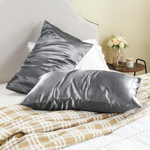 BEDELITE Satin Pillowcase for Hair and Skin, Super Soft and Cooling Similar to Silk Pillow Cases 2 Pack with Envelope Closure, Gift for Women Men(20"x30" Queen Size, Dark Grey) BEDELITE