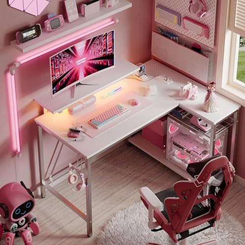 Bestier White Computer Desk with Charging Port & LED Strip,42 inch Modern Gaming Desk with Reversible Storage Shelves,Small L Shaped Desk with Hooks for Home Office Bestier
