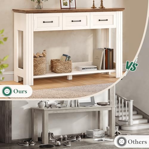 ANGRYWIN 47" Farmhouse Console Table with 3 Drawers, Rustic Entryway Table with Open Shelf, Sofa Tables Behind Couch for Entrance, Living Room, Hallway, White ANGRYWIN