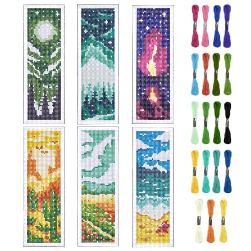 INFUNLY 6PCS Landscape Cross Stitch Bookmark Kit for Adults Mountain Cross Stitch Kits DIY Crossstitch Kits Natural Scenery Stamped Embroidery Bookmark Kit with Instructions for Book Lovers Readers