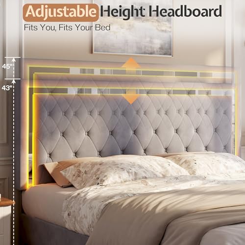 Jocisland Full Bed Frame with LED Lights Headboard&Footboard, Velvet Upholstered Full Size Platform Bed Frame No Box Spring Needed/Light Grey Jocisland