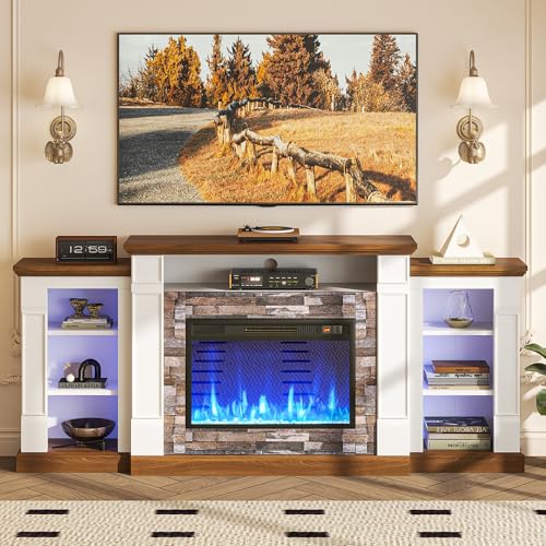oneinmil 70" Fireplace TV Stand, Electric Fireplace with Mantel, Modern Entertainment Center with Open Storage, Remote Control, Adjustable Flame, Fire Place TV Stand for Living Room, Bedroom Oneinmil
